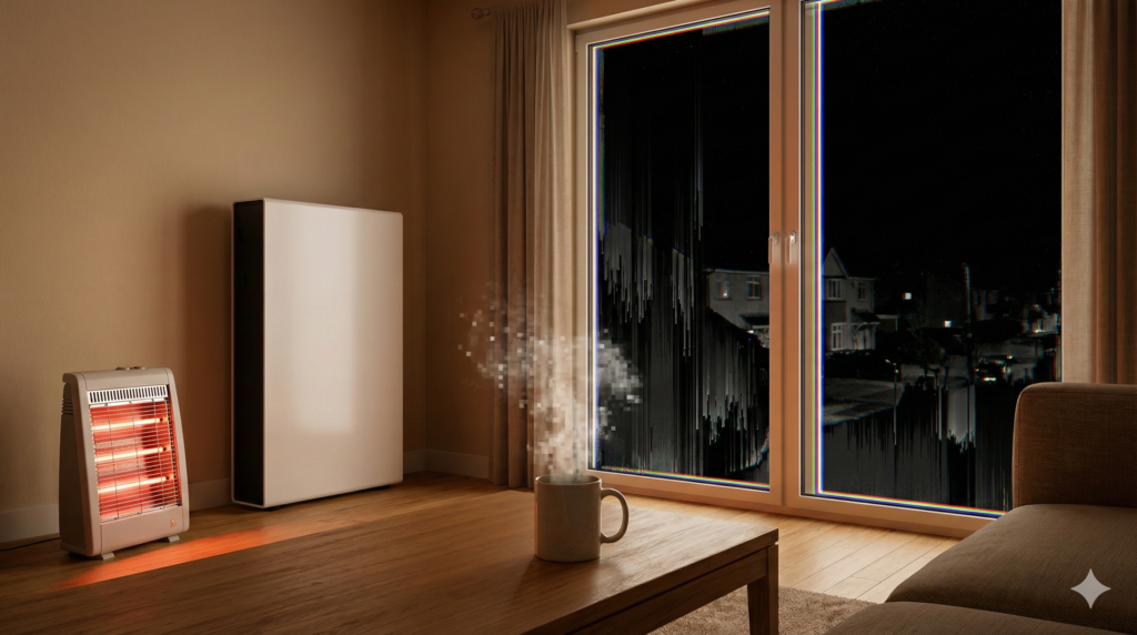 次世代のエネルギーで周りが停電しても明るい部屋で優越感のイメージ