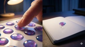 ボンボンドロップシールを指先で撫でたりノートに貼ったりしているイメージ