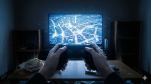 家に引きこもりゲームに没頭するイメージ